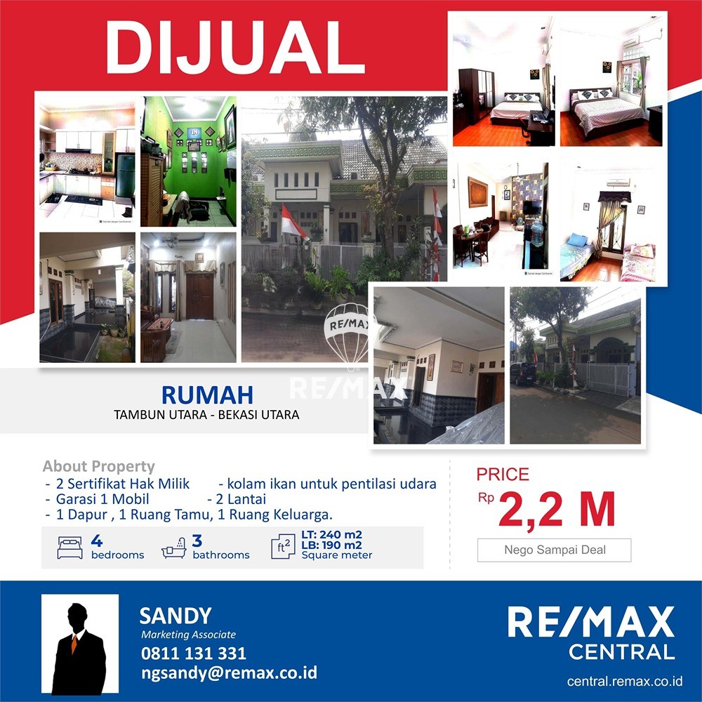 DIJUAL RUMAH 2 Sertifikat LT 240 m2 di Tambun Bekasi Utara